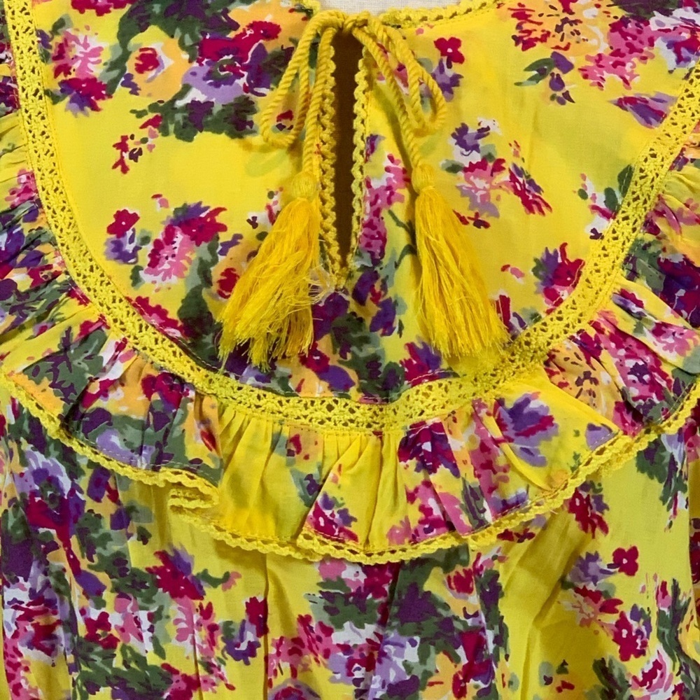 Maisie 100% Cotton Short Puff Sleeve Floral Ruffle Mini Dress - Yellow - Large - Picture 5 of 9